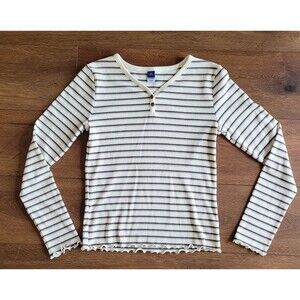 Old Navy Rib Henley Tee Girls Size XL 14-16 Cream Stripe Lettuce Edge Stretch
